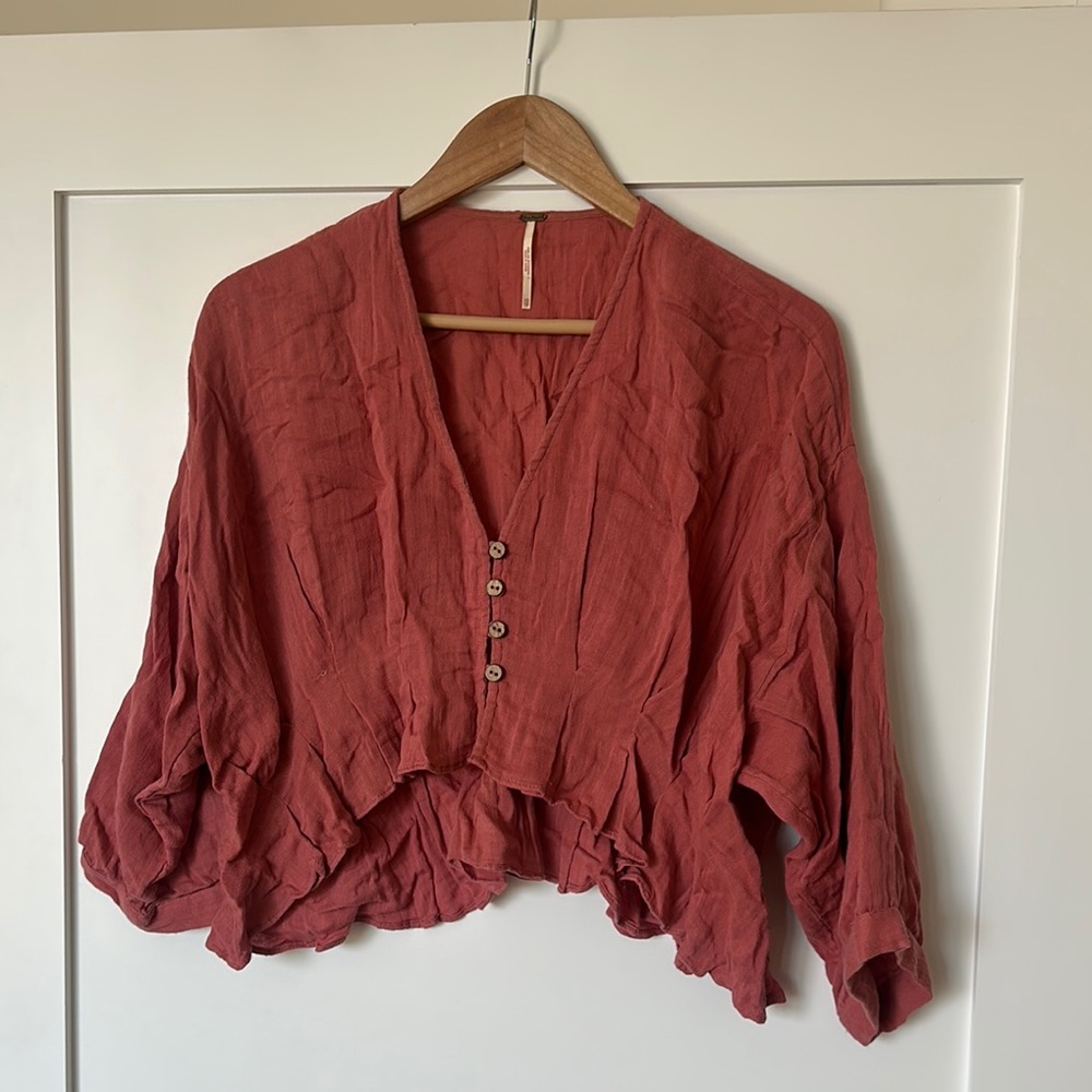Free People Red 3/4 Sleeve Crop Blouse